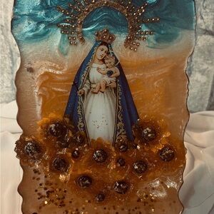 Religious Resin Art Panel in Blue and Amber HAND MADE WITH EPOXY